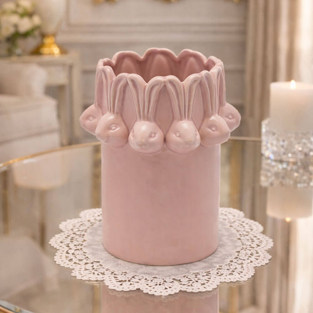 Vaso in Ceramica EDG con Conigli in Rilievo - Altezza 19 cm - Rosa Pastello