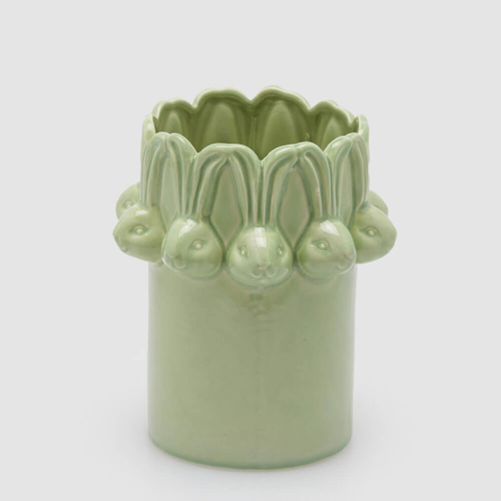 Vaso in Ceramica EDG con Conigli in Rilievo - Altezza 19 cm - Verde Pastello