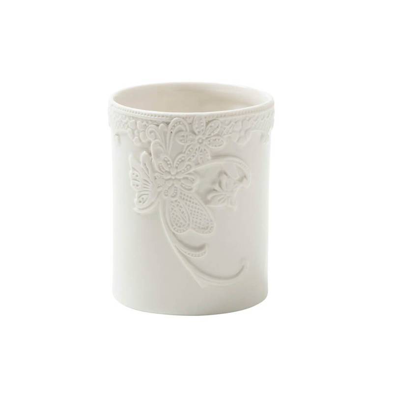 Portaspazzolini shabby in ceramica decorata della serie Reverie Bucolique di Mathilde M. Vista frontale