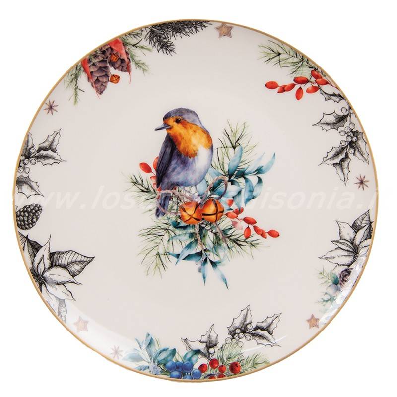 Piatto da dessert shabby chic in ceramica, con decoro uccellini, firmato Clayre & Eef. Vista dall'alto