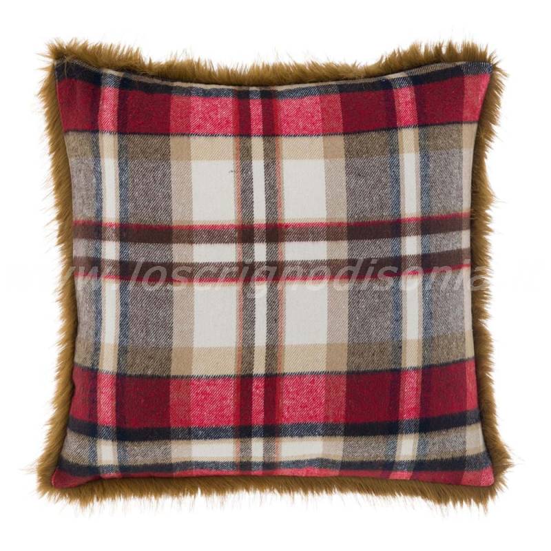 Cuscino arredo quadrato, stampa tartan e pelliccia ecologica, serie Tartan di Blanc Mariclò. Vista dall'alto