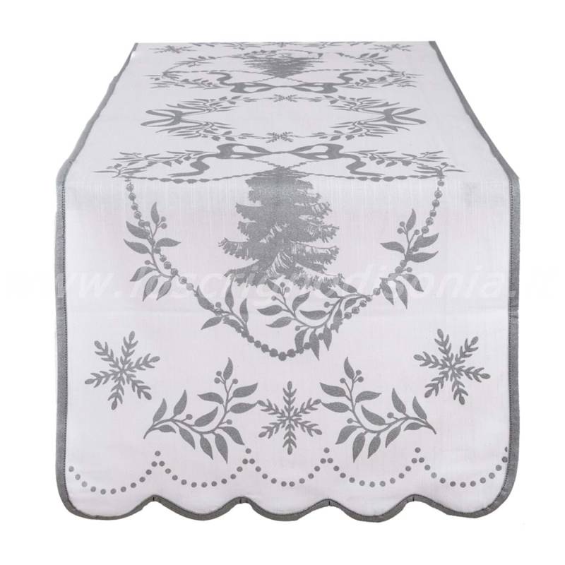 Runner natalizio in cotone con decori argentati, serie Shiny Christmas di Blanc Mariclò. Vista ambientata