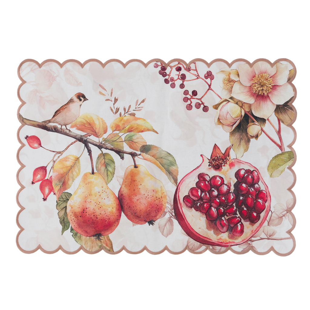 Tovaglietta americana con stampa di frutti autunnali e uccellini, serie Persimmon di Blanc Mariclò. Vista dall'alto
