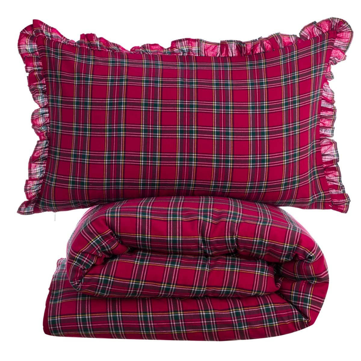 Parure Copripiumino Una Piazza Tartan Rosso Blanc Mariclò con Federa Volant – 180x200 cm