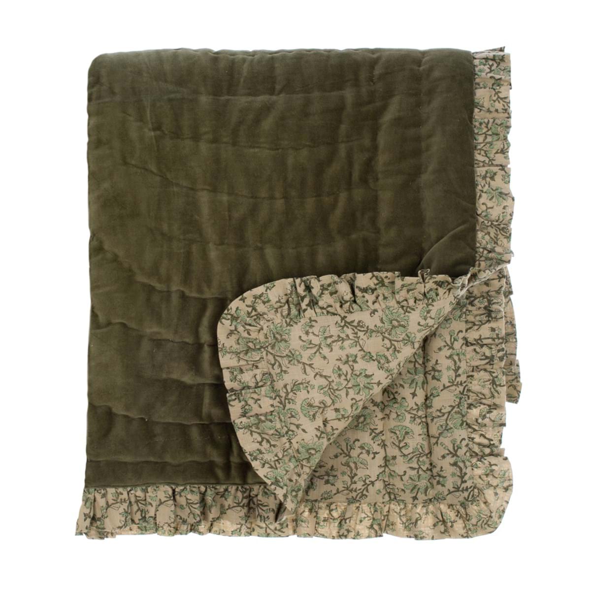 Trapunta Matrimoniale in Velluto Reversibile con Volant Serie Petali Verde – Blanc Mariclò