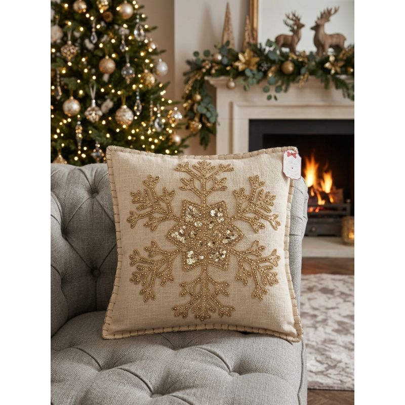 Cuscino Natalizio Quadrato Blanc Mariclò Cristallo di Neve Dorato 50x50 cm