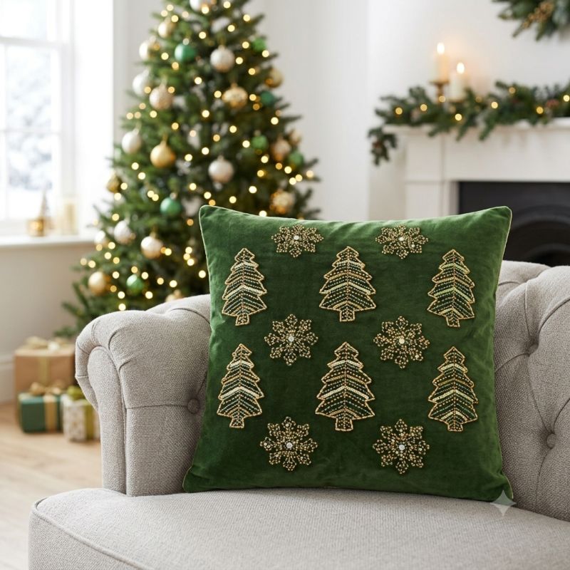 Cuscino Natalizio Quadrato 50x50 cm Blanc Mariclò Velluto Cotone Verde Perline Dorate