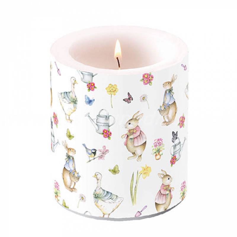 Candela decorativa, serie Easter Garden di Ambiente Europe, misure 10x10x10 cm. Vista frontale