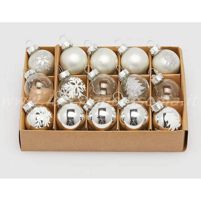 Set 15 Palline di Natale Ø 3 cm – Argento e Bianco con Fiocchi di Neve e Alberi – EDG Enzo De Gasperi