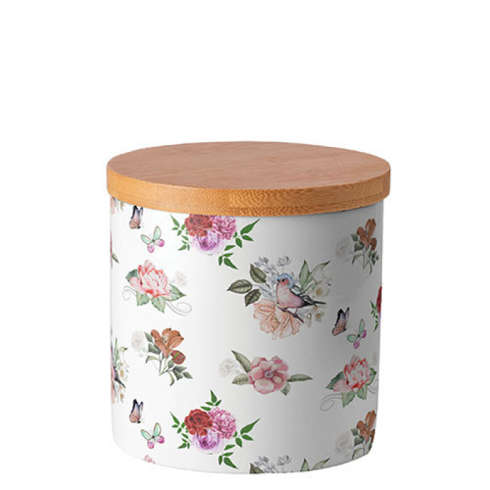 Barattolo in porcellana Bone China, decoro floreale, serie Charlotte di Ambiente Europe. Vista frontale