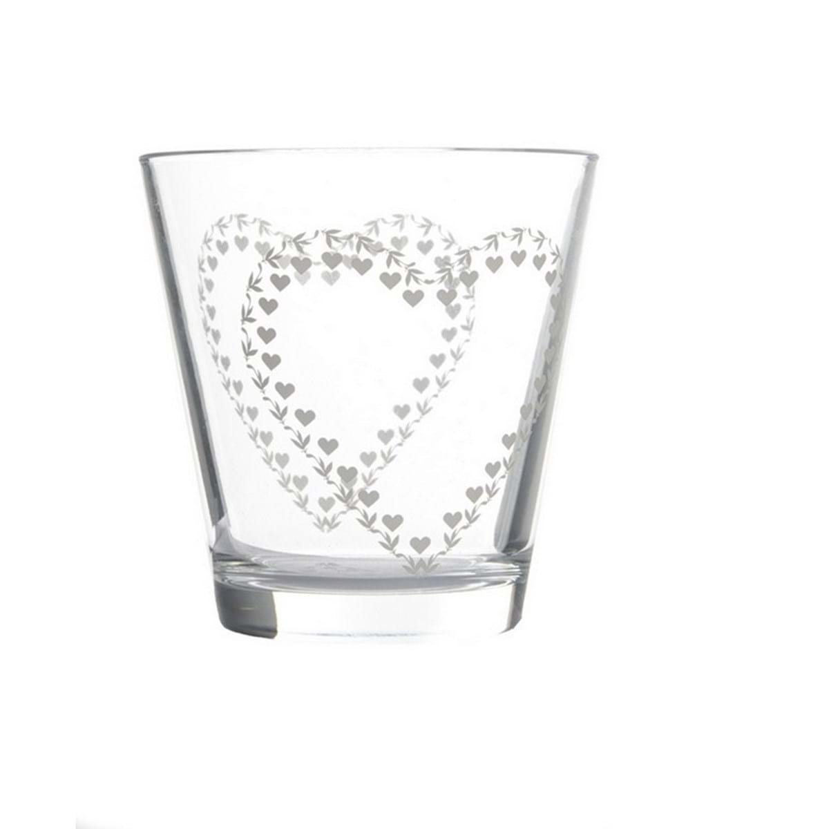 Bicchieri shabby chic serie Nadia di Blanc Mariclò con decorazioni a forma di cuore. Vista frontale
