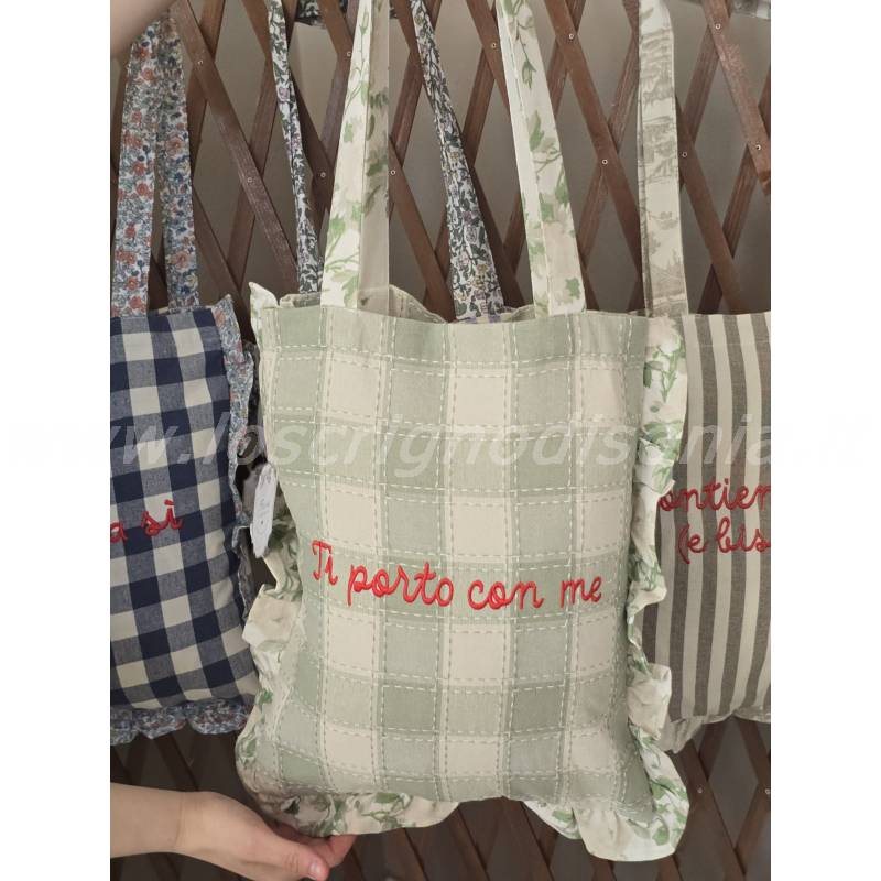Borsa in Cotone Blanc Mariclo' – Quadretti Verdi e Ricamo