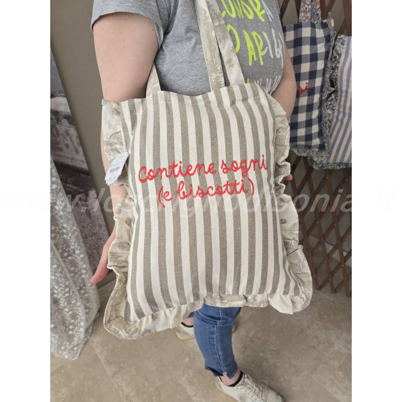 Borsa in Cotone Blanc Mariclò – Righe Beige e Ricamo