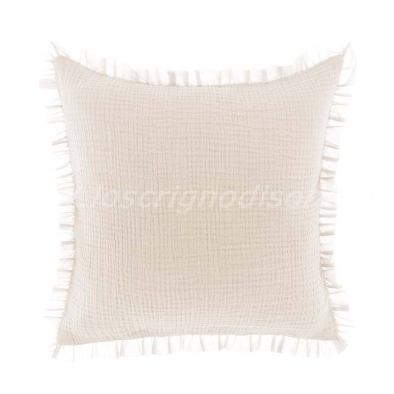 Cuscino arredo in cotone, colore off white, collezione La Rochelle firmata Blanc Mariclò. Vista frontale