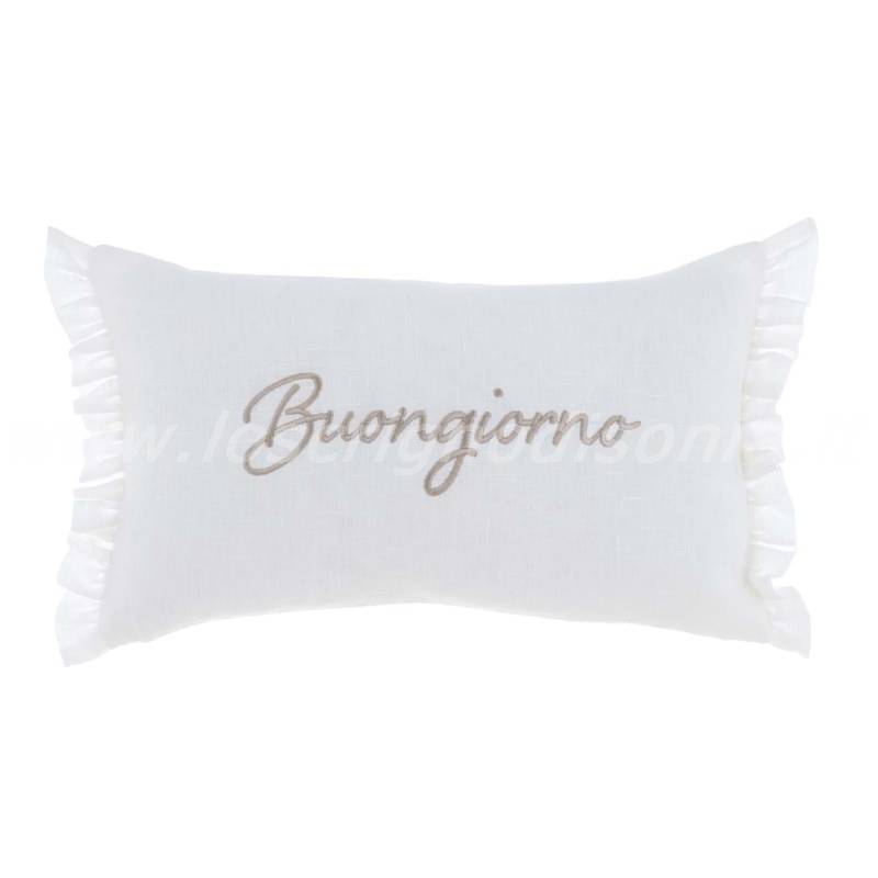 Cuscino bianco, rettangolare con ricamato 'Buongiorno' da un lato e 'Buonanotte' dall'altro. Vista frontale