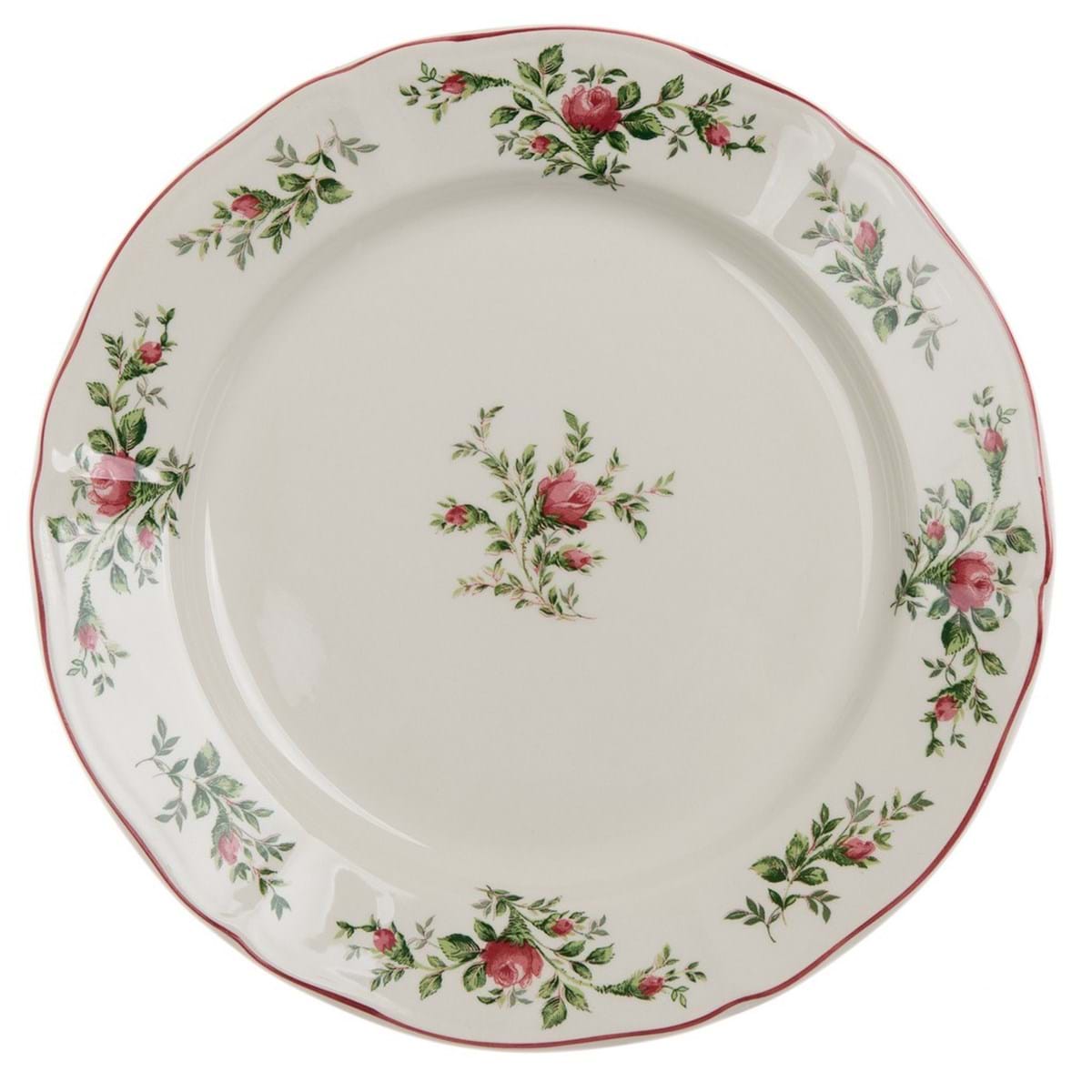 Piatto per torta in ceramica decorato con roselline della serie Moss Rose di Blanc Mariclò. Vista dall'alto