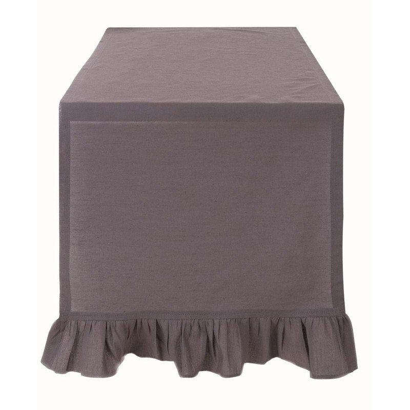 Runner da tavola in misto lino, serie Frill di Blanc Mariclò. Colore grigio. Vista laterale, posato su tavola