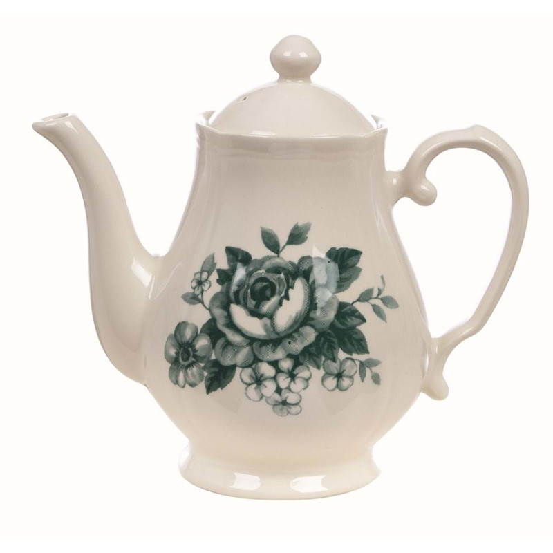 Teiera in ceramica, colore avorio con decoro verde, serie Splendor di Blanc Mariclò. Vista frontale