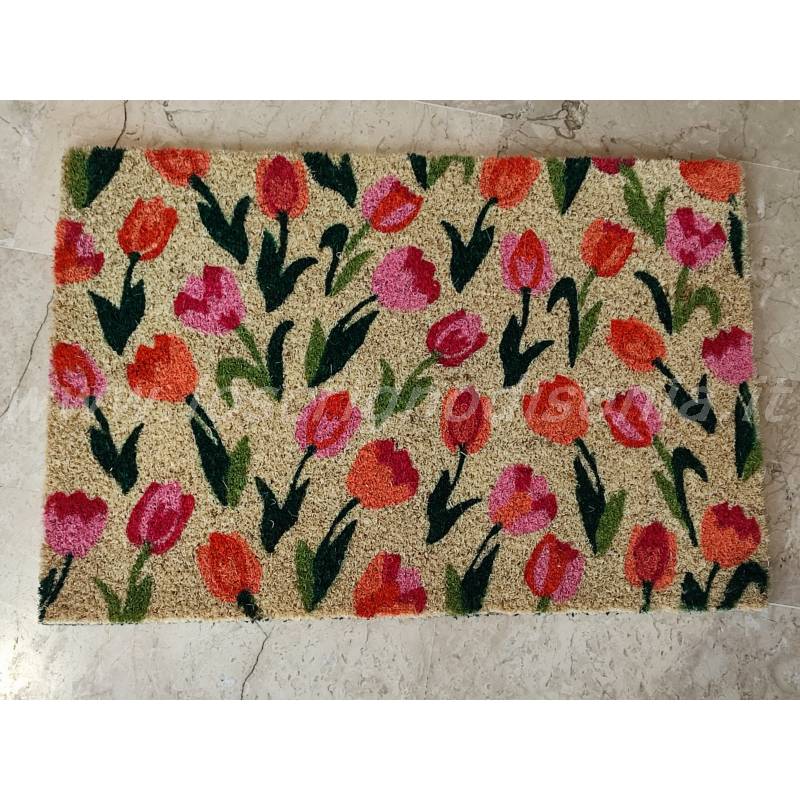 Zerbino in cocco con antiscivolo, collezione Tulipani firmata Boltze, misura 40x60 cm. Vista dall'alto