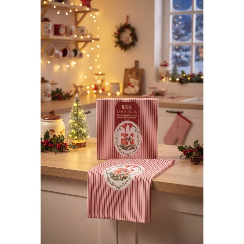Canovaccio Natalizio 50x70 cm Righe Rosse Decoro Pacco Regalo Magic Noel con Scatola Nuvole di Stoffa