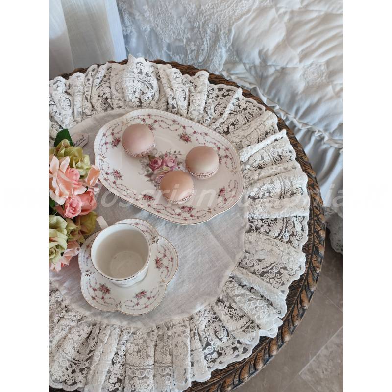 Centrino Rotondo In Lino Beige 71x71 Cm Con Bordo In Pizzo: Elegante Tovaglietta Decorativa Per Tavolino, Sala Da Pranzo E Cucina, Lavabile In Lavatrice.