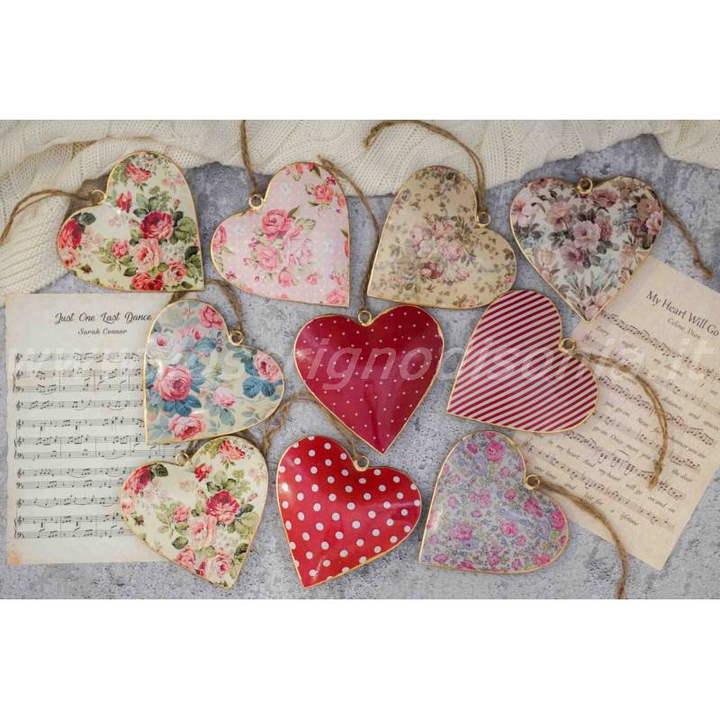 Cuori decorativi da appendere, set da 12 pezzi, ciondolo a forma di cuore in metallo, cuore decorativo, Natale, Avvento, autunno e inverno, decorazione natalizia, rami, cuori di latta per alberi