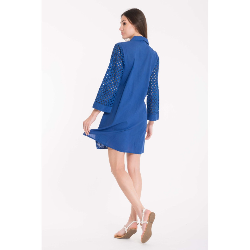 Moda Positano | David Mare | Abito Camicia in Pizzo Sangallo | Manica 3/4 |  Colore Bluette | Serie Romina