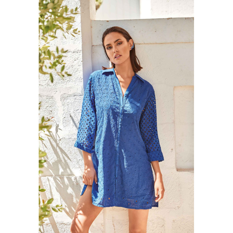 Moda Positano | David Mare | Abito Camicia in Pizzo Sangallo | Manica 3/4 |  Colore Bluette | Serie Romina
