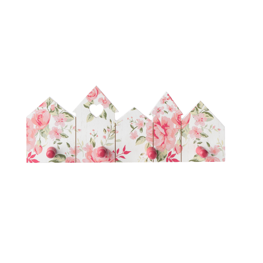 Appendino shabby chic in legno con stampa floreale, serie Elizabeth di Nuvole di Stoffa. Vista frontale