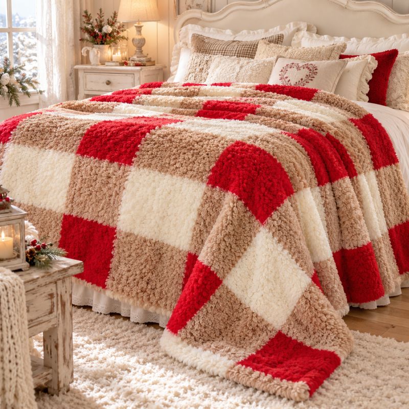 Plaid Coperta Matrimoniale 200x250 cm Serie Check Quadri Rossi e Beige L'Atelier17