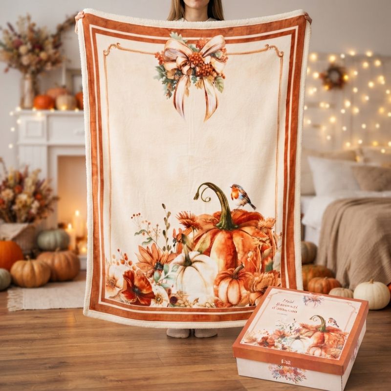 Plaid 130x160 cm Sherpa Decoro Zucche con Scatola Regalo Nuvole di Stoffa