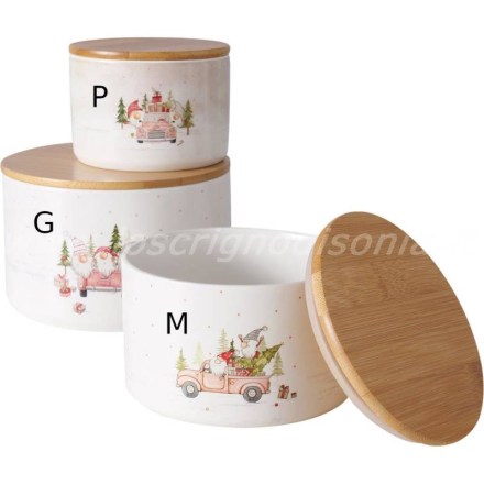 Tre barattoli a chiusura ermetica in ceramica decorata della serie Carrie di Boltze. Vista frontale