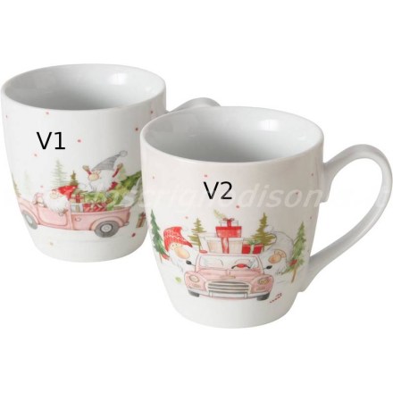 Due versioni della tazza natalizia in porcellana con gnomi decorati, serie Carrie di Boltze. Visa frontale