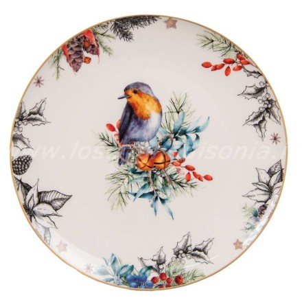 Piatto da dessert shabby chic in ceramica, con decoro uccellini, firmato Clayre & Eef. Vista dall'alto