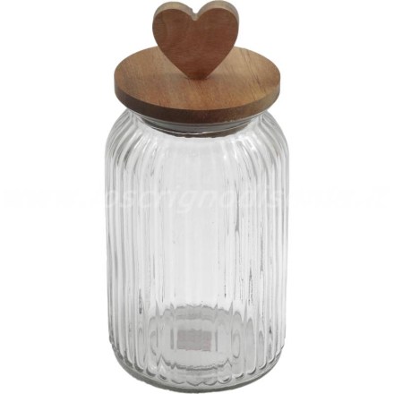 Barattolo in vetro rigato con tappo ermetico in legno decorato a forma di cuore di Boltze. Vista frontale