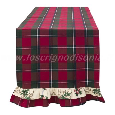 Runner tartan con volant a tema floreale, collezione Christmas Poem di Blanc Mariclò. Vista frontale