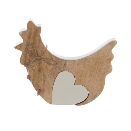 Decoro gallina in legno con cuore della serie Pasqua in Festa firmata Blanc Mariclò. Vista frontale