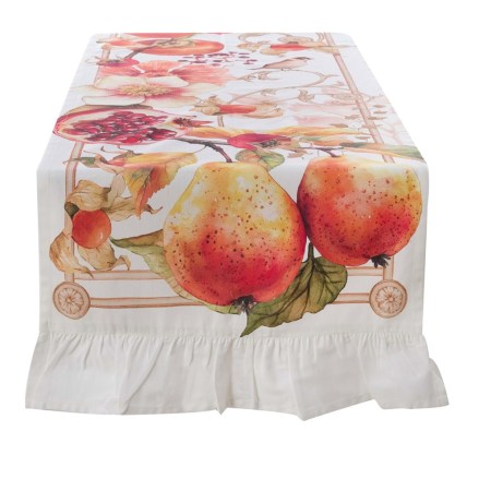 Runner shabby chic con stampa di pere e melograni, serie Persimmon di Blanc Mariclò. Vista frontale