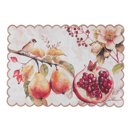 Tovaglietta americana con stampa di frutti autunnali e uccellini, serie Persimmon di Blanc Mariclò. Vista dall'alto