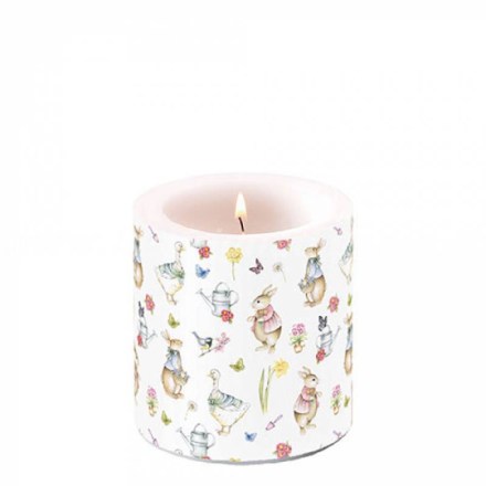 Candela decorativa, serie Easter Garden di Ambiente Europe, misure 7,5x7,5x9 cm. Vista frontale
