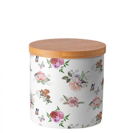 Barattolo in porcellana Bone China, decoro floreale, serie Charlotte di Ambiente Europe. Vista frontale
