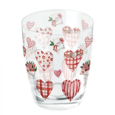 Bicchiere in vetro shabby chic, decoro cuori, serie Lovely Hearts di Ambiente Europe. Vista frontale