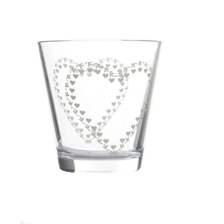 Bicchieri shabby chic serie Nadia di Blanc Mariclò con decorazioni a forma di cuore. Vista frontale