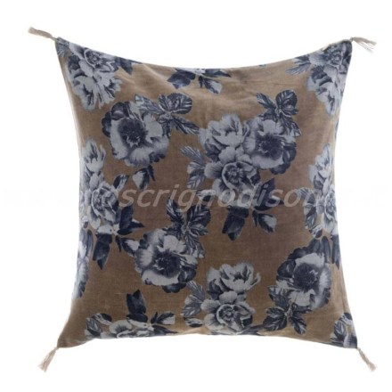 Cuscino in velluto con stampa floreale e nappe, serie Velvet Collection firmata Blanc Mariclò. Vista frontale