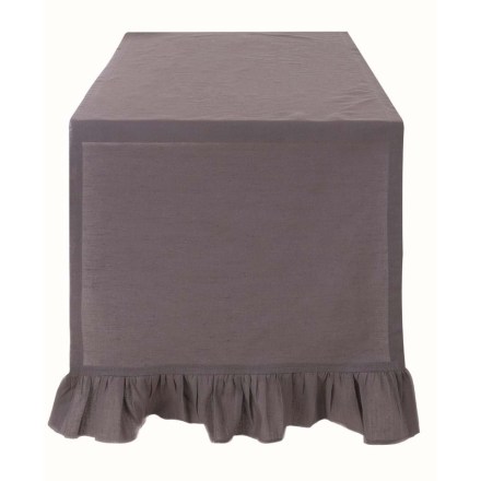 Runner da tavola in misto lino, serie Frill di Blanc Mariclò. Colore grigio. Vista laterale, posato su tavola