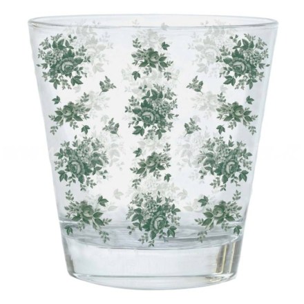 Bicchieri da acqua in stile shabby, con decoro, serie Splendor Green di Blanc Mariclò. Vista frontale di un bicchiere