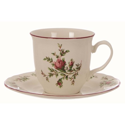 Tazza da caffè shabby chic, decorata e con piattino. Serie Moss Rose di Blanc Mariclò. Vista frontale