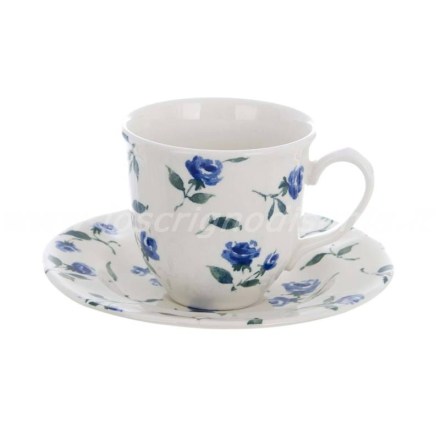 Tazza da the con piattino della collezione Floret Full firmata Blanc Mariclò, colore azzurro. Vista frontale