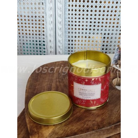 Candela natalizia in barattolino di latta decorata, colore rosso, serie Christmas di Boltze. Vista frontale