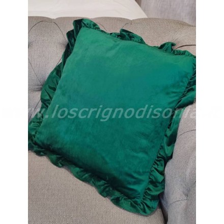 Cuscino arredo in velluto con volant, colore verde, serie Morbido Sonno di Blanc Mariclò. Vista frontale